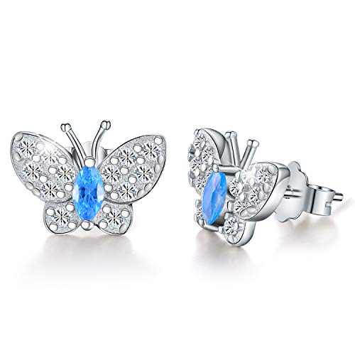 Esberry 18K Gold Plating 925 Sterling Silver CZ Butterfly Stud Earrings Colored Cubic Zirconia Hypoallergenic Earrings Jewelry for Women and Girls (Light Blue 2)