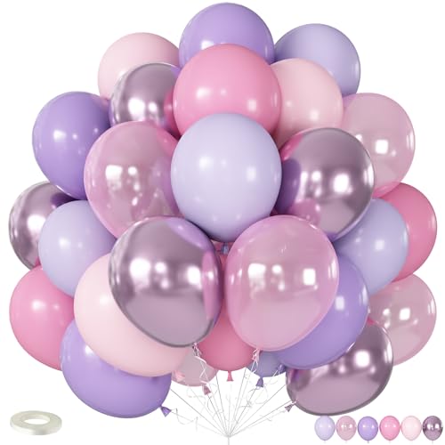 Image of Pastel Pink Purple Balloons, 12 Inch Pearl Light Pink Metallic Purple Iridescent Party Balloons for Girls Women Bridal Baby Shower Wedding Disco Princess Mermaid Butterfly Fairy Birthday Party Decor