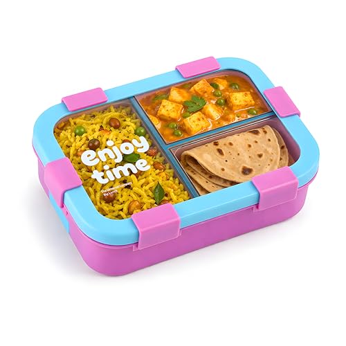 Image of Kids Tiffin Box Leakproof Lunch Box with 3 Compartments & Spoon | Food Grade BPA-Free Plastic Bento Lunch Box for School Boys & Girls | Airtight Snack Container for Kids & Office Use (700ml)