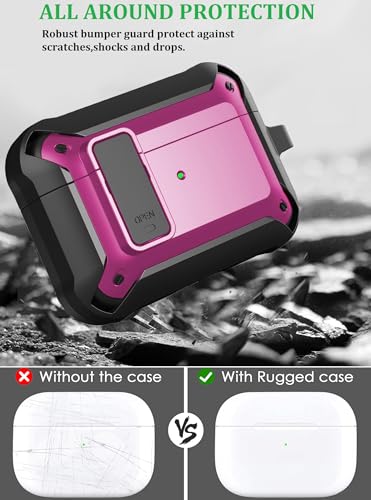 Image of Olytop for Airpods Pro 3 Case with Magnetic Automatic Lock, Rugged Apple Airpod Pro 3rd Generation Cover 2025, Armor Shockproof iPod Pro3 Gen Protective Shell with Carabiner&Cleaner kit, Black /Magenta