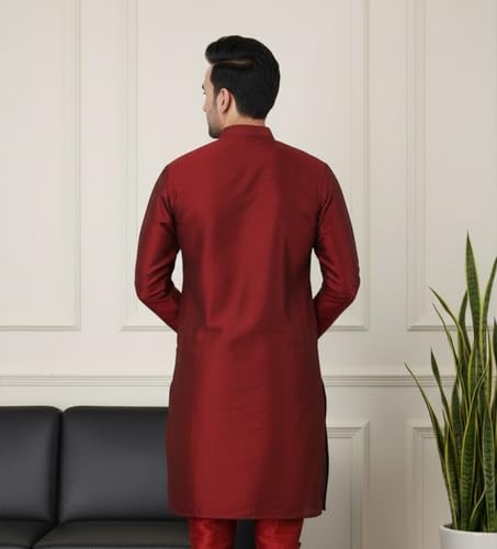 Image of Sadree Men's Silk Blend, Knee Length, Full Sleeve, Mandrin Collor, Solid Style, Attractive Colour, Solid Plain Kurtas