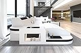 Wohnlandschaft Wave U Form Sofa in Leder - mit LED Beleuchtung, verstellbare Kopfstützen, Recamiere/Lederfarben wählbar/Ausrichtung wählbar (Ottomane Links, Weiß-Schwarz)
