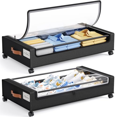 Image of Yecaye 60L Under Bed Storage with Wheels, 2 Pack Under Bed Storage Containers, Underbed Shoe Storage with Clear Window & Label, Rolling Under Bed Metal Drawer for Clothes, Shoes, Books, Black