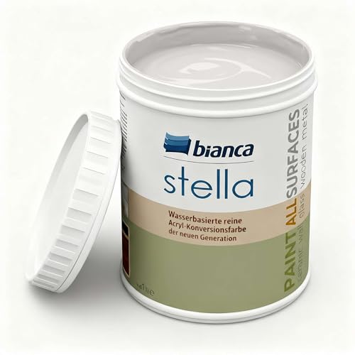 Bianca Stella Pintura para muebles premium sin lijado para cocina y baño, Blanco polvo, Brillante, 1000ml, a base de agua, pintura acrílica para todas las superficies, madera, azulejos, metal