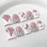 Handmade Press on Nails Short Duck 3D Floral Thick Acrylic Fake Nails White French Tip False Nails with Bow Flower Rhinestones Designs Nail Elegant Sturdy Art Press on Nail 10Pcs(S)