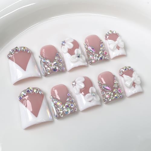 Handmade Press on Nails Short Duck 3D Floral Thick Acrylic Fake Nails White French Tip False Nails with Bow Flower Rhinestones Designs Nail Elegant Sturdy Art Press on Nail 10Pcs(S)