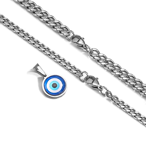 RS Evil Eye Necklace for Men Boys, Stainless Steel Cuban Link Layered Chain with Blue Third Eye Pendant, Protection Jewelry GiftS, 16-24 Inch4