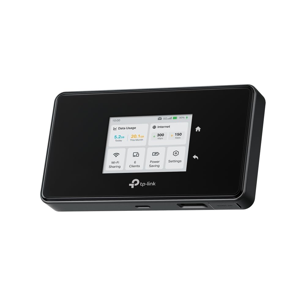 TP-Link M8550 Routeur Mobile 5G Tri-Band, WiFi 6E AXE3600, Jusqu’à 3.4 Gbps, 32 Appareils, Batterie 4680 mAh, Antenna Ports, Écran Tactile, déverrouillé Toutes Les Nano SIM, USB-C, 1 WAN/LAN Gigabit
