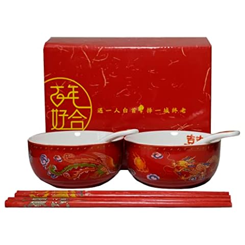 Chinese Festive Tableware Couple Bowl Spoon Porcelain Set (Dragon and phoenix2) Cover