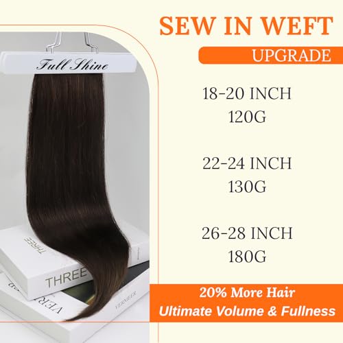 Image of Full Shine 28 Inch Sew In Hair Extensions Real Human Hair Color Dark Brown Weft Extensions Soft Silky Hair 180G Sew In Extensions Remy Hair Weft Invisible Human Hair For Women