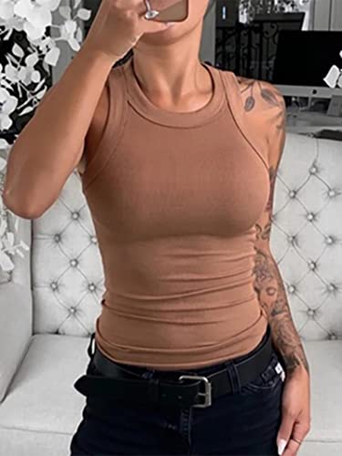 Femmes Solide Col Rond Côtelé Débardeur Camisole Femmes D'été Basique Élastique Débardeur O Cou-Marron,S Cover