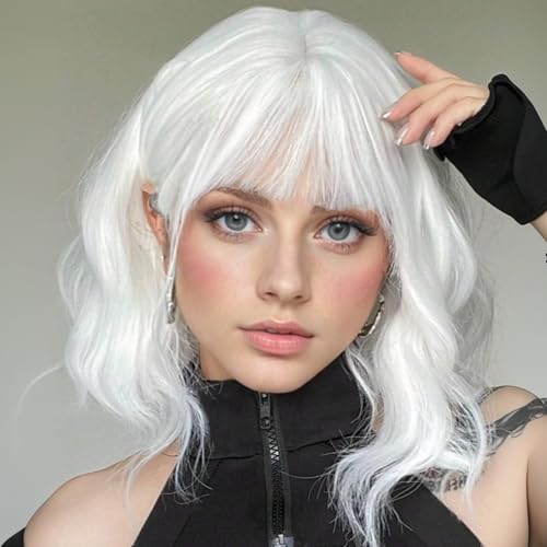 Miuric White Wig for Women Short Curly Wavy Wig with Bangs Shoulder Length Bob Wig Womens Colorful Synthetic Heat Resistant Fiber Wigs for Cosplay Halloween Costume Party (14 Inches)