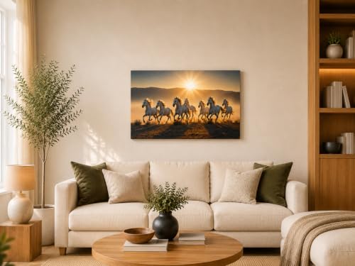 Image of 7 Horse Vastu Sunrise Canvas Painting | Positive Energy Wall Decor | Big Size Premium Running Horses Artwork for Home, Office & Hall Decoration (Modern, Golden Horse, 26x18 Inch)