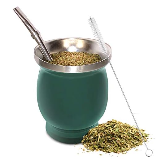 Yerba Mate Natural Gourd/Tea Cup Set Green (Original Traditional Mate Cup - 8 Ounces) | Includes Bombilla (Yerba Mate Straw) & Cleaning Brush | Green Stainless Steel | Double-Walled | Easy to Clean