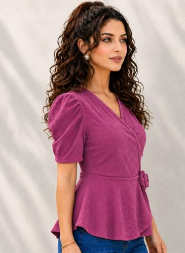 Image of IUGA Women Black Wrap Peplum Top for Women | Puff Half Sleeves V-Neck Casual Western Top | Stylish Regular Fit Tops for Girls