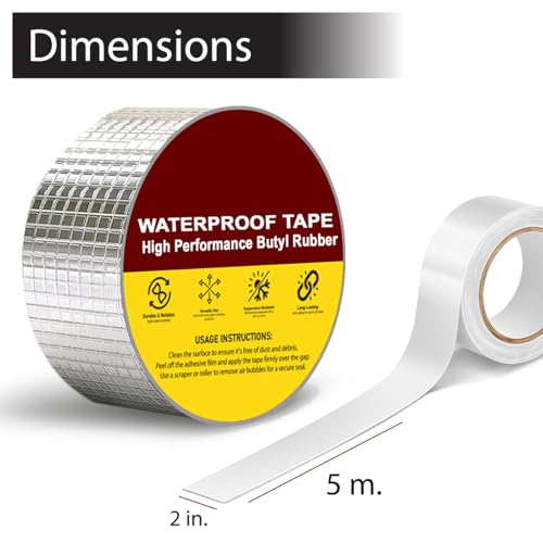 Image of Aluminium Butyl Waterproof Tape | Heavy Duty Leak Repair Sealing Tape | Self-Adhesive Roof, Pipe & Wall Crack Repair | Weatherproof & Heat Resistant (5CM*5M)