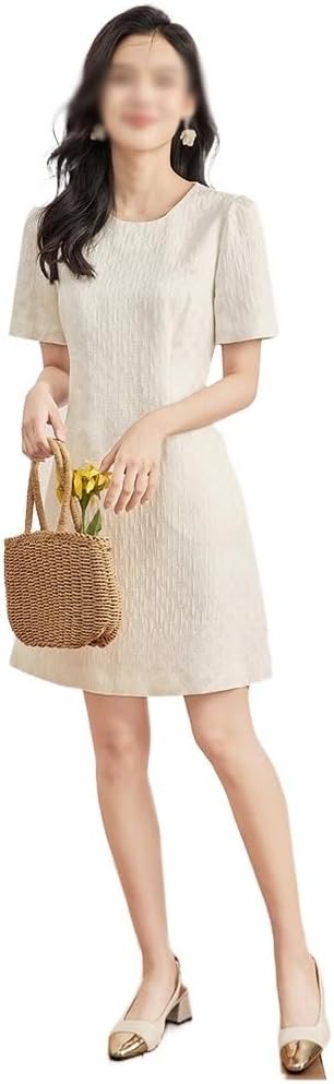 JSEIAJB Dignified Commuting French Socialite Three-Dimensional Flower Round Neck Waist Slimming Dress