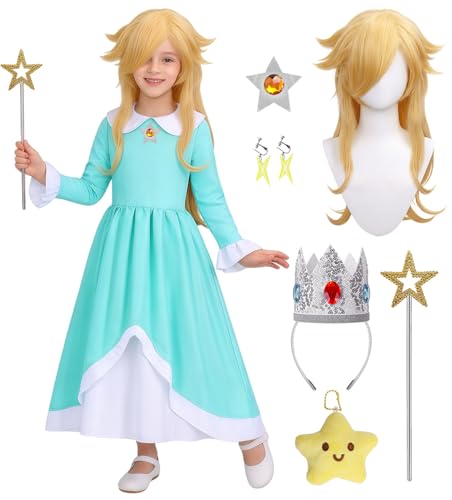 ZIW Princess Rosalina Costume Kids Girls Blue Dress with Wig Wand Crown Earrings Plush Galaxy Princess Outfit for Halloween Party Dress Up ZW264L