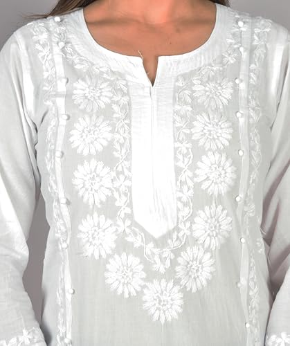 Vrnda Women's White Cotton Kurti – Hand-Embroidered Lucknowi Chikankari, Straight Fit, Knee-Length Pakistani Style Kurta4