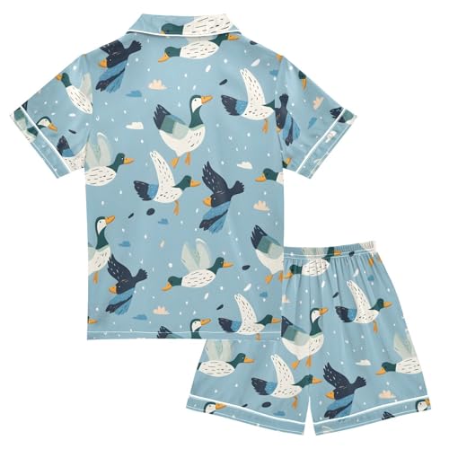 ALAZA Blue Duck Flying Pajamas Satin Pajama Set Short Sleeve Button Down Sleepwear2