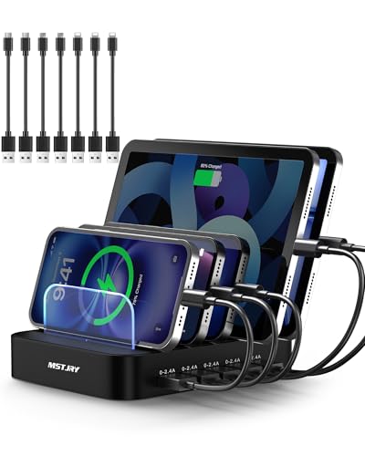 MSTJRY Charging Station for Multiple Devices : 5 Port Multi USB-A Charger Stations Multi-Device Organizer Charging Dock Designed for iPhone iPad Cell Phone Tablets (7 Short Cables Included), Black