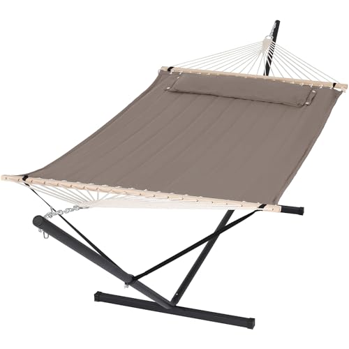 Image of SUNCREAT 55 Inch Extra Large Double Hammock with 12 ft Stand, 475lbs Capacity, Outdoor Portable Hammock with Hardwood Spreader Bar, Extra Large Pillow, Brown