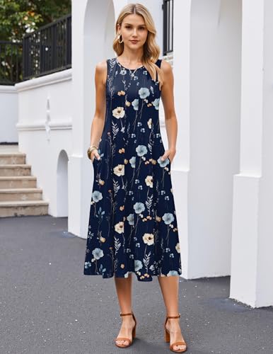 Image of HOTOUCH Summer Casual Dresses for Women Sleeveless Midi Dress Swing Tank Sundress Pleated Tshirt Dress with Pockets