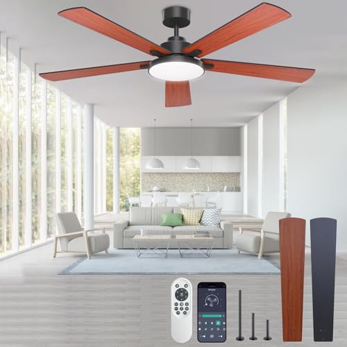 DIAMONDFORGE Ceiling Fans with Lights and Remote Control,Indoor/Outdoor Flush Mount Low Profile Commercial Reversible Dimmable Wood Grain Ceiling Fans for Living Room Patio Industrial Shop, 62 inch