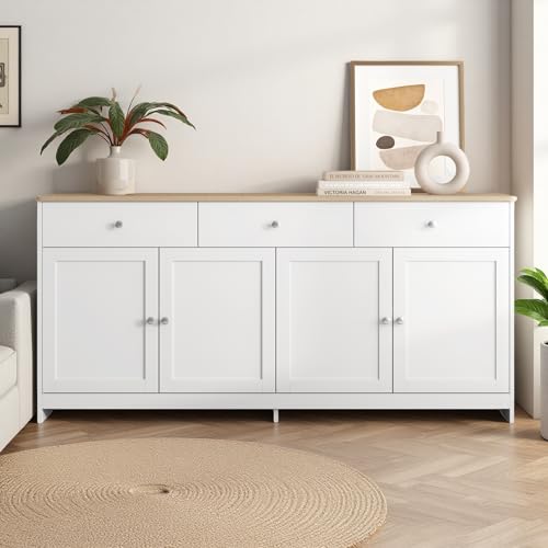 Poeahu Buffet Blanc et Bois 160 cm Meuble de Rangement avec 4 Portes et 3 Tiroirs Meuble Cuisine Rangement Bas Meuble Buffet Salon Moderne Buffet Salle à...