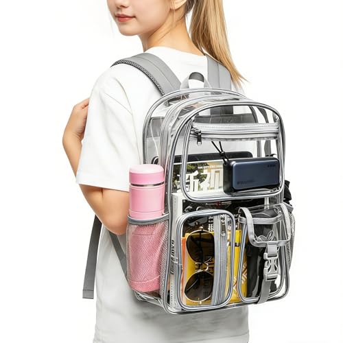 Image of gdbis Heavy Duty Clear Backpack for Stadium Events, Large Capacity Clear Bookbag Transparent Backpack with Reinforced Strap for College Work Travel Concerts Security - Grey