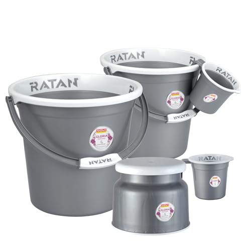 Image of RATAN PLASTICWARE Plastic Bathroom Set of 5 Pieces Combo Pack Gloria Plain, NIR Silver, 18 Liters & 20 Liters Bucket + Nova Stool Patla 107 + Two Gloria Plain Bath Mug 1 Liter