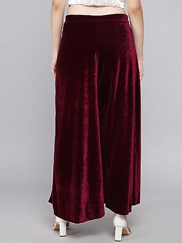 Image of Vaararo Party Trousers for Women | Shiny Velvet Fabric Wide Bottoms Stylish Palazzo Pants