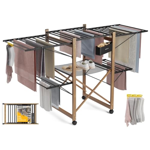 Newlux   Tendedero Plegable con Alas 30m XXL Wood V35, 3 Niveles (176x61x104cm). Tenderete de Ropa Plegable con Ruedas, Accesorio para Ropa Delicada y Pinzas, Ganchos Laterales, Negro