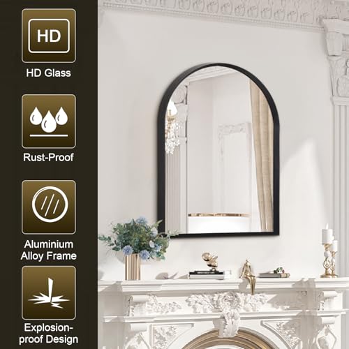 Image of Arch Bathroom Mirror, Wall Mounted Mirror, Black Vanity Wall Mirror Metal Frame Home Decor for Bedroom, Entryway, Living Room 20 inchx16 inch