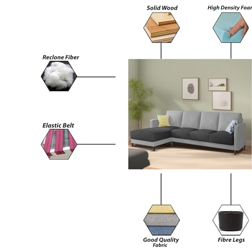 Image of Baloney LHS 6 Seater L Shape Sofa Set for Living Room (Black Grey Fabric) Premium Fabric Sofa