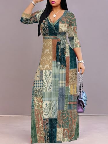 Image of Women's Plus Size Maxi Dresses Long Sleeves V Neck Floral Print Bohemian Swing Long Dress with Belt