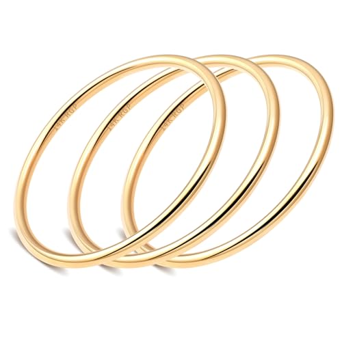 4mm 14K Gold Plated Bracelet | Glossy Stackable Minimalism Bangle Bracelet for Women | Solid Plain Round Twisted Flat Polished Bracelet Best Gifts for Love (Gold and Silver)