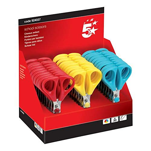5 Star School Scissors with Plastic Handles and Stainless Steel Blades 55mm Assorted [Pack of 30]