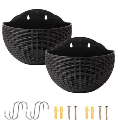 Macetas colgantes de pared, 2 macetas de plástico semicirculares con drenaje y 4 ganchos, 4 tornillos para jardín, patio, balcón, valla (negro)