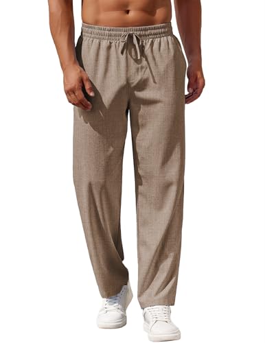 COOFANDY Mens Casual Pants Drawstring Elastic Waist Pants Linen Summer Beach Pants, Brown, XX-Large
