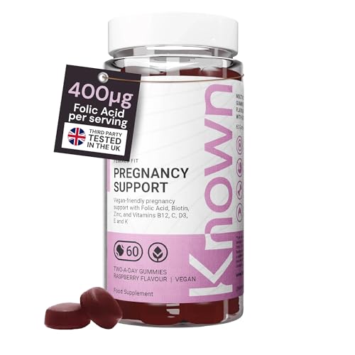 Known Pregnancy Support Gummies with 400mcg Folic Acid Raspberry Flavour Vegan Prenatal Multivitamin Gummy Supplement with Vitamin D3 K C E B12 Biotin & Zinc 1 Month Supply