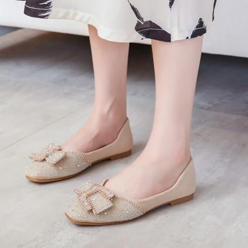 Image of SAILING LU Women's Rhinestone Square Toe Bowknots Ballet Flats Loafers