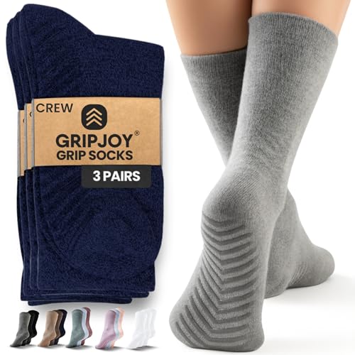Image of Gripjoy Grip Socks for Women, Grippy, Non Slip, Gripper Socks for Women & Men, Pilates, Yoga, Hospital, 3 Pairs, Crew