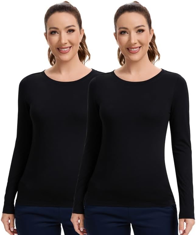 Kitmaz Underscrub Shirt Long Sleeve Women - Undershirts Comfort Crew Neck Tee with Soft & Breathable Fabric-2 Pack