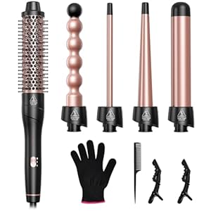 5 in 1 Curling Wand Set, Lopeie Curling Iron with New Upgraded Thermal Brush and 4 Interchangeable Ceramic Barrels(0.35”-1.25”), Fast Heating, Include Heat Protective Glove & 2 Clips & Hair Brush