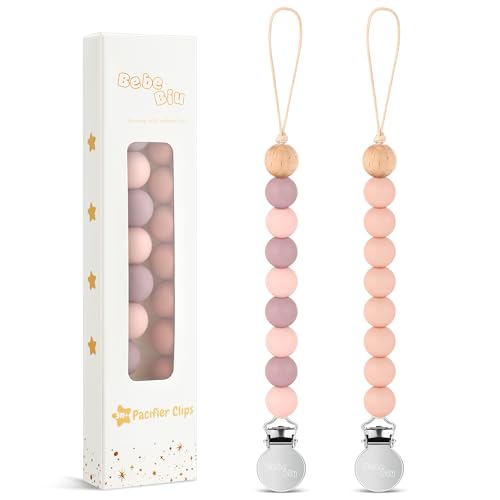 Image of BebeBiu 2 Pack Pacifier Clips, Silicone Pacifier Clip for Baby Boys and Girls, Baby Pacifier Strap with Silicone Beads, Soother Dummy Holder, Pacifier Holder, Keeps Pacifier Clean (Mauve/Muted)