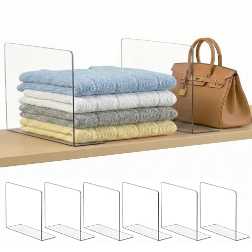 Shelf Dividers for Closet Organization: 10" Tall x 16" Deep, Deeper Adhesive Separators Features Acrylic Material and Provides Storage for Clothes and Sweater in Bedroom Cabinets(6-Pack) 6-p