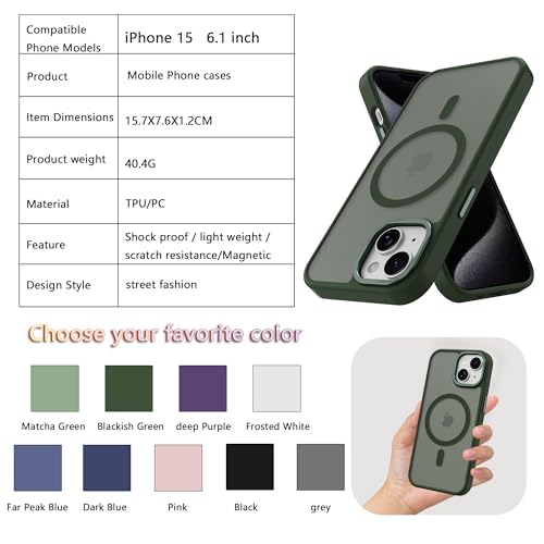 Image of Magnetic iPhone 15 case,Compatible with Magsafe, Military-Grade Protection,Slim Translucent Matte Shockproof with Anti-Scratch Anti-Fingerprint Phone Cover (Blackish Green, iPhone 15)