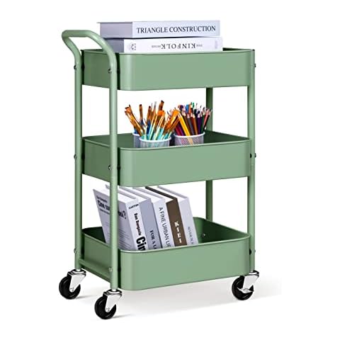 AOODA 3 Tier Under Desk Rolling Cart with Handle and Lockable Wheels, 27'' Height Small Metal Book Cart Mobile Art Cart Rolling Storage Organizer for Office, Kitchen, Bathroom (Aqua Green) Cover