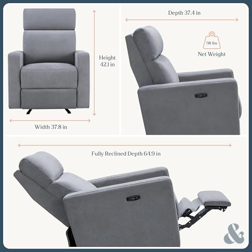 Image of Nurture& The Glider Premium Power Recliner Nursery Glider Chair with Adjustable Head Support | Designed with a Thoughtful Combination of Function and Comfort | Built-in USB Charger (Gray)